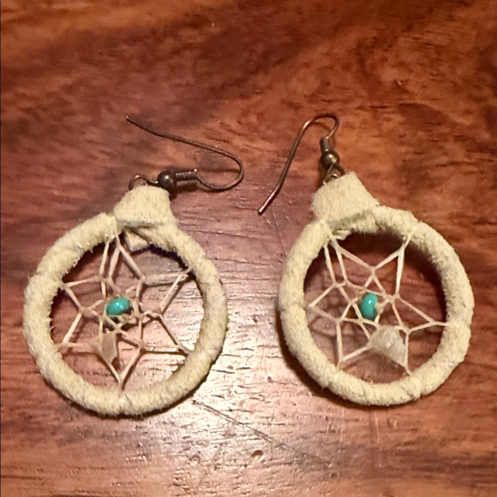 Vintage Cream and Turquoise Dreamcatcher Earrings genuine Navajo Sterling